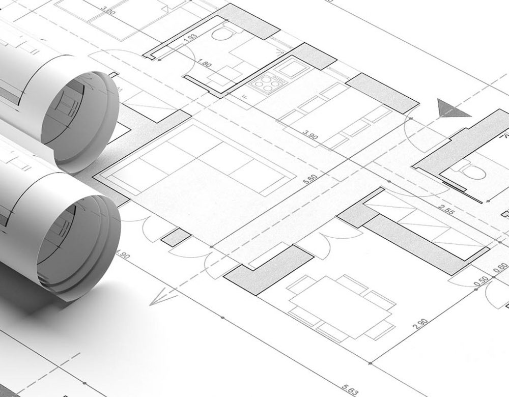 Building project blueprint plans. Real estate, construction concept. Architecture design, banner. 3d illustration